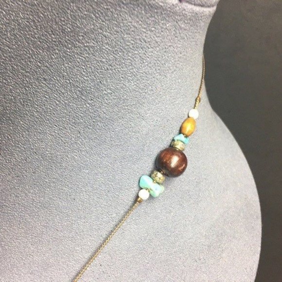 Long Necklace Beige Brown Turquoise Pink Gold Chunky Speckle Faceted Retro BoHo - Picture 7 of 9